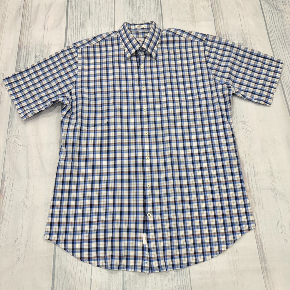 Peter Millar Button Shirt L Blue Plaid Short Sleeve Golf Casual Mens
